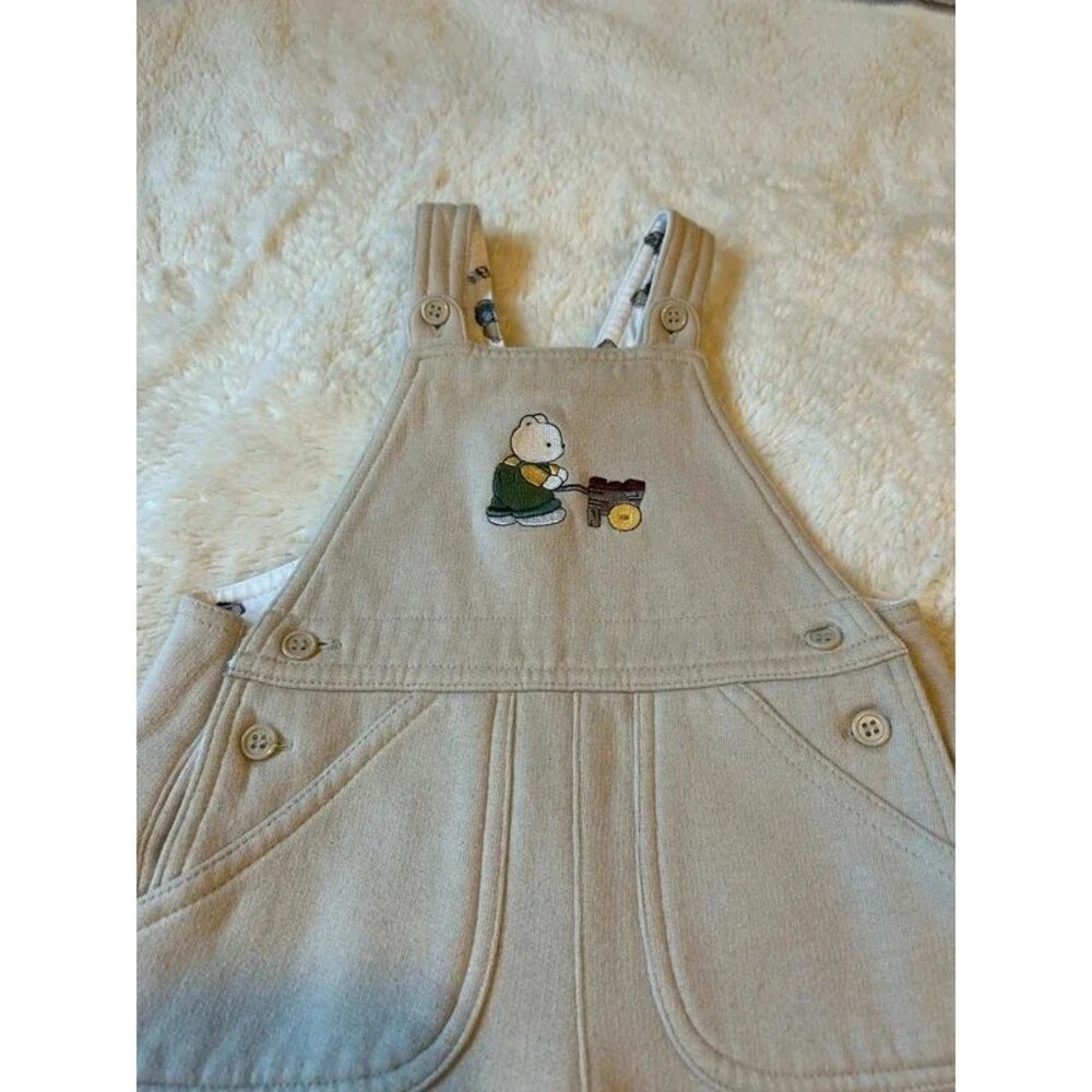 Vtg Koala Kids 12M Boys Embroidered Teddy Bear Cream Knit Overalls